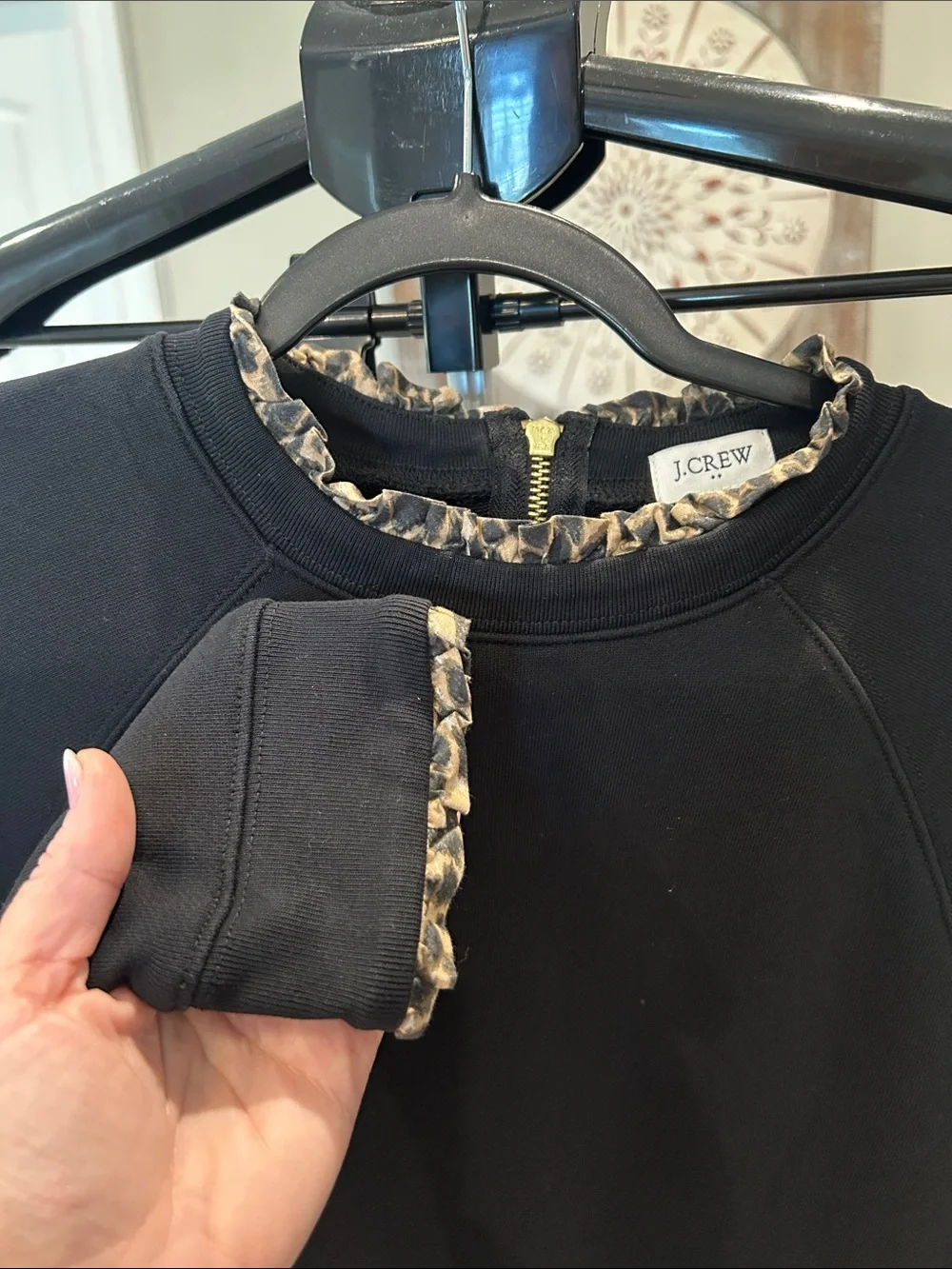 J. Crew Black Crewneck Sweatshirt with Leopard-Trim / Like New! Sz medium